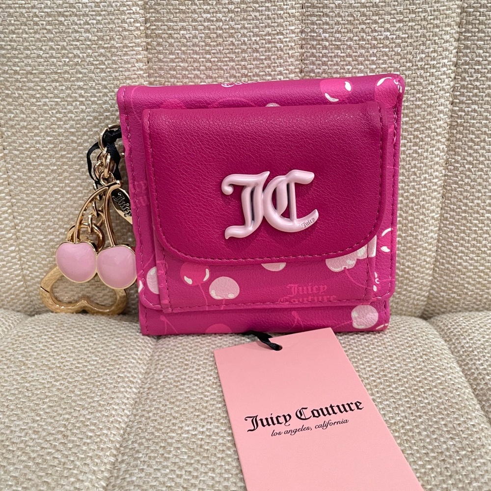 NEW Juicy Couture Pink Cherry Print Trifold Wallet JC Logo Cherry Charm